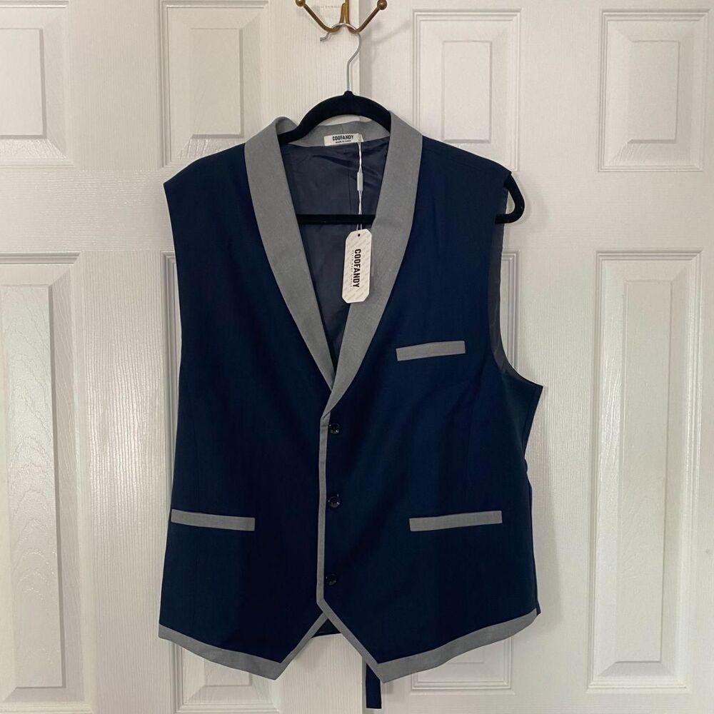NWT Navy Blue & Grey Suit Vest Button Up Coofandy Size XL